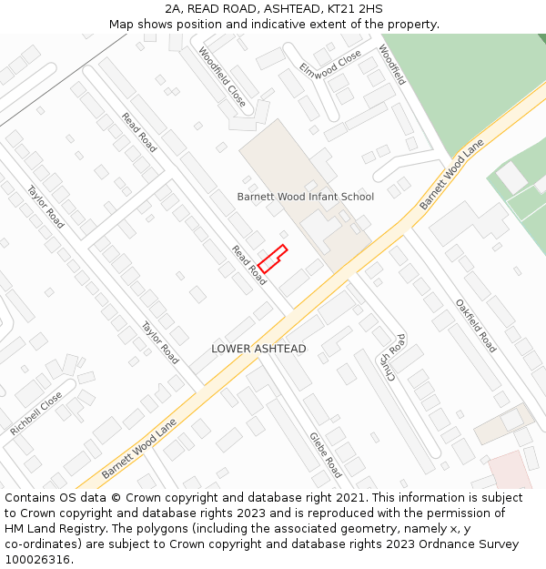 2A, READ ROAD, ASHTEAD, KT21 2HS: Location map and indicative extent of plot