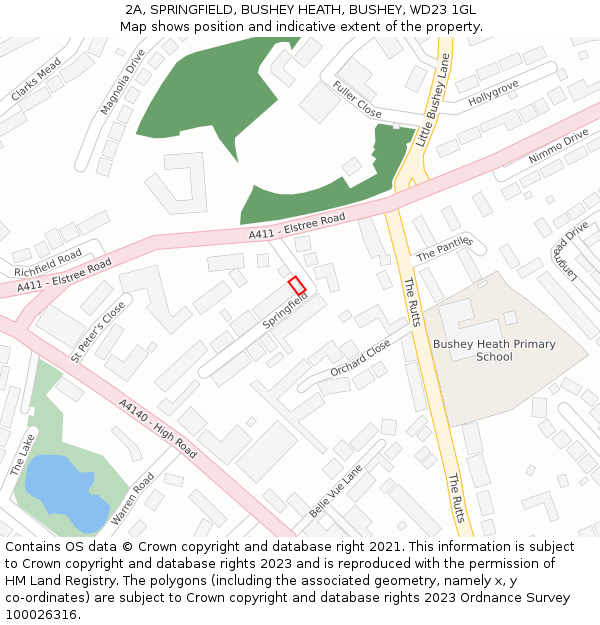 2A, SPRINGFIELD, BUSHEY HEATH, BUSHEY, WD23 1GL: Location map and indicative extent of plot