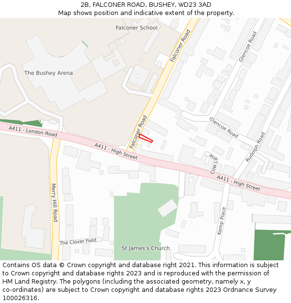 2B, FALCONER ROAD, BUSHEY, WD23 3AD: Location map and indicative extent of plot