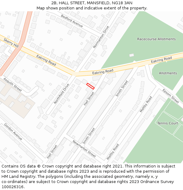 2B, HALL STREET, MANSFIELD, NG18 3AN: Location map and indicative extent of plot