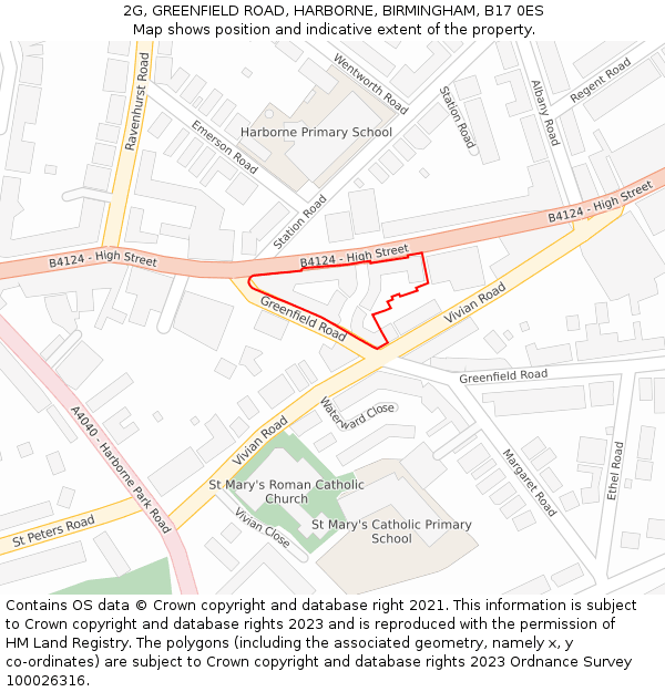 2G, GREENFIELD ROAD, HARBORNE, BIRMINGHAM, B17 0ES: Location map and indicative extent of plot