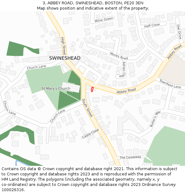 3, ABBEY ROAD, SWINESHEAD, BOSTON, PE20 3EN: Location map and indicative extent of plot