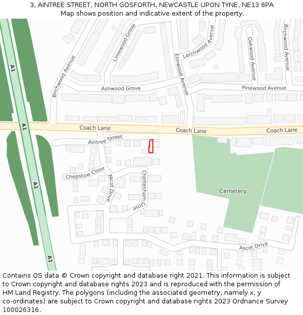 3, AINTREE STREET, NORTH GOSFORTH, NEWCASTLE UPON TYNE, NE13 6PA: Location map and indicative extent of plot