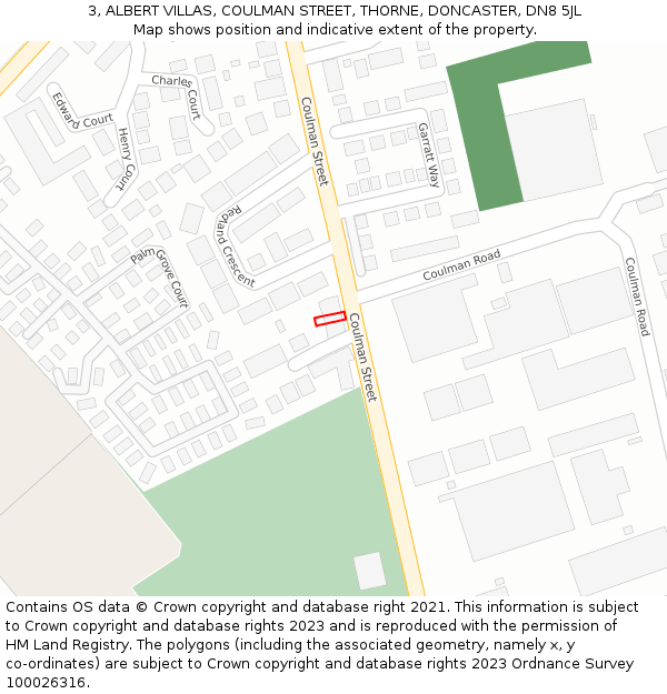 3, ALBERT VILLAS, COULMAN STREET, THORNE, DONCASTER, DN8 5JL: Location map and indicative extent of plot