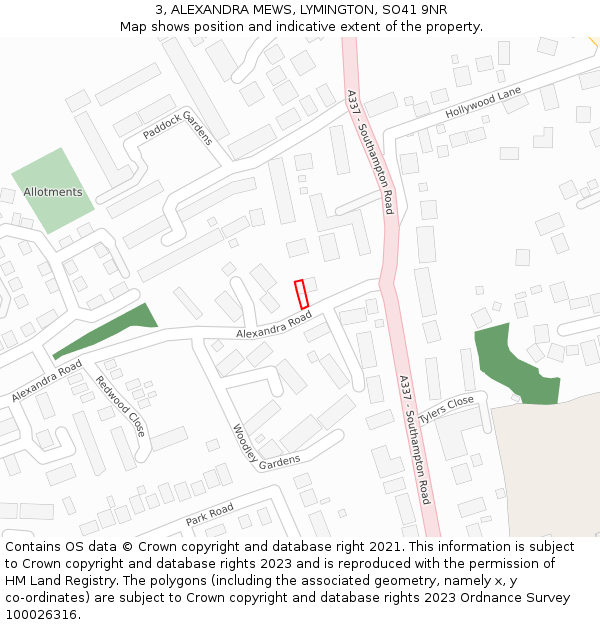 3, ALEXANDRA MEWS, LYMINGTON, SO41 9NR: Location map and indicative extent of plot