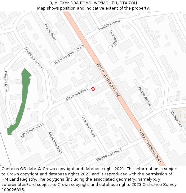3, ALEXANDRA ROAD, WEYMOUTH, DT4 7QH: Location map and indicative extent of plot