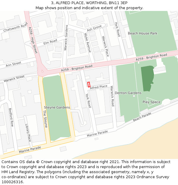 3, ALFRED PLACE, WORTHING, BN11 3EP: Location map and indicative extent of plot