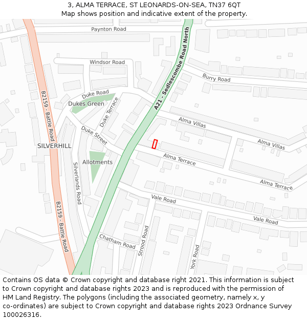 3, ALMA TERRACE, ST LEONARDS-ON-SEA, TN37 6QT: Location map and indicative extent of plot