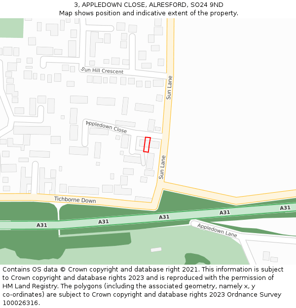 3, APPLEDOWN CLOSE, ALRESFORD, SO24 9ND: Location map and indicative extent of plot