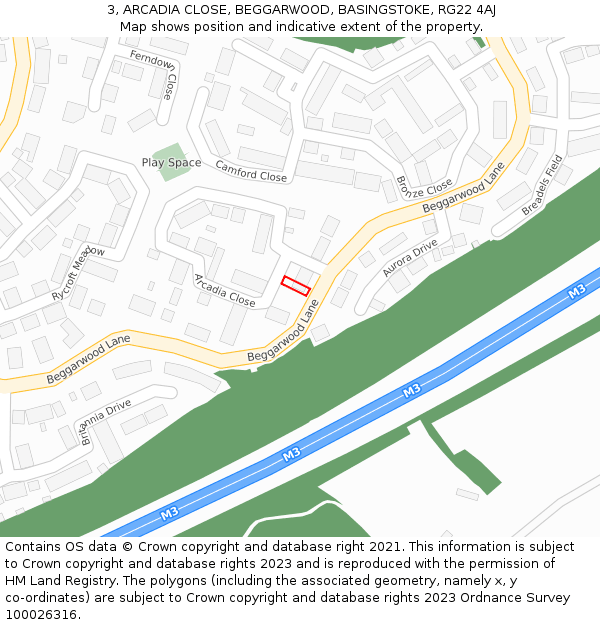 3, ARCADIA CLOSE, BEGGARWOOD, BASINGSTOKE, RG22 4AJ: Location map and indicative extent of plot