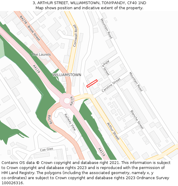 3, ARTHUR STREET, WILLIAMSTOWN, TONYPANDY, CF40 1ND: Location map and indicative extent of plot