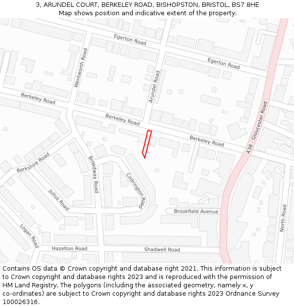 3, ARUNDEL COURT, BERKELEY ROAD, BISHOPSTON, BRISTOL, BS7 8HE: Location map and indicative extent of plot