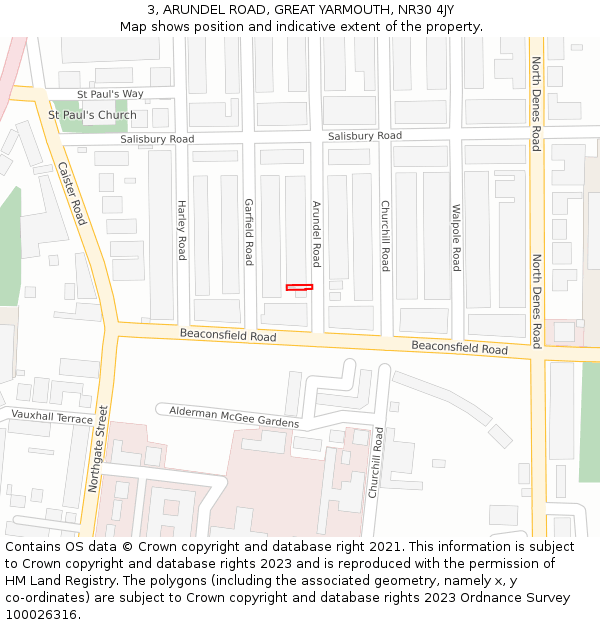 3, ARUNDEL ROAD, GREAT YARMOUTH, NR30 4JY: Location map and indicative extent of plot