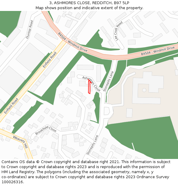 3, ASHMORES CLOSE, REDDITCH, B97 5LP: Location map and indicative extent of plot