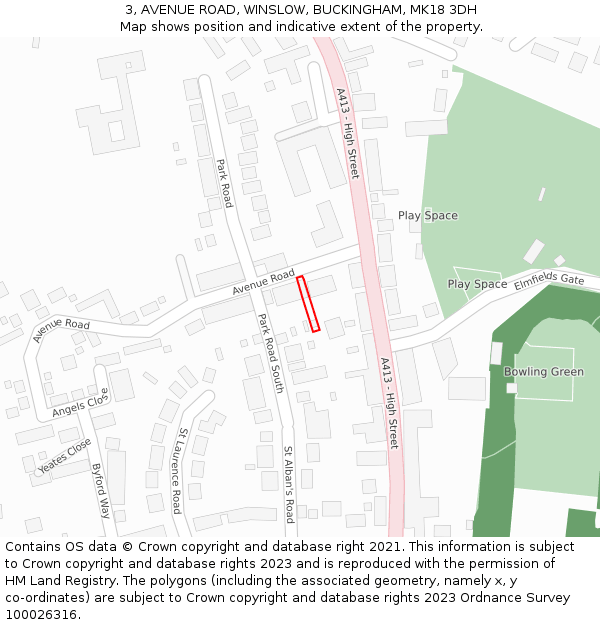3, AVENUE ROAD, WINSLOW, BUCKINGHAM, MK18 3DH: Location map and indicative extent of plot