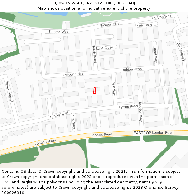 3, AVON WALK, BASINGSTOKE, RG21 4DJ: Location map and indicative extent of plot