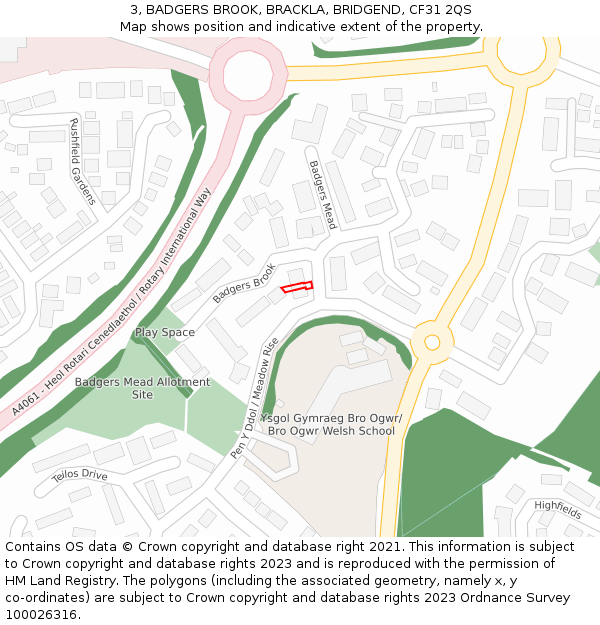 3, BADGERS BROOK, BRACKLA, BRIDGEND, CF31 2QS: Location map and indicative extent of plot