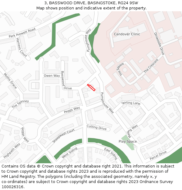 3, BASSWOOD DRIVE, BASINGSTOKE, RG24 9SW: Location map and indicative extent of plot