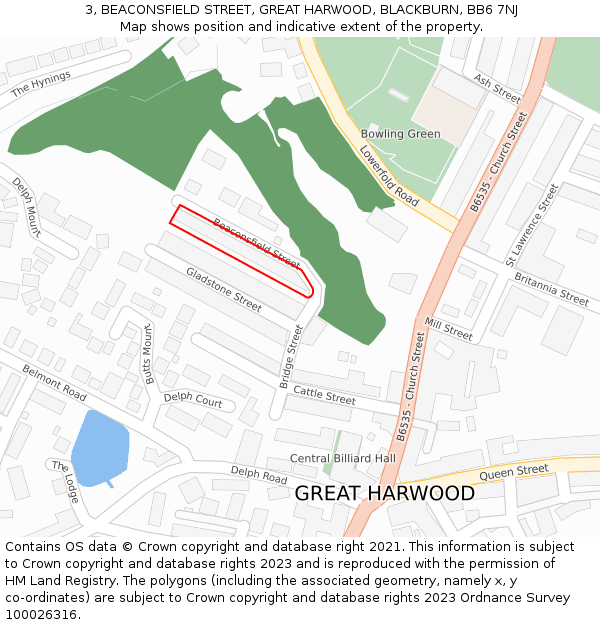 3, BEACONSFIELD STREET, GREAT HARWOOD, BLACKBURN, BB6 7NJ: Location map and indicative extent of plot