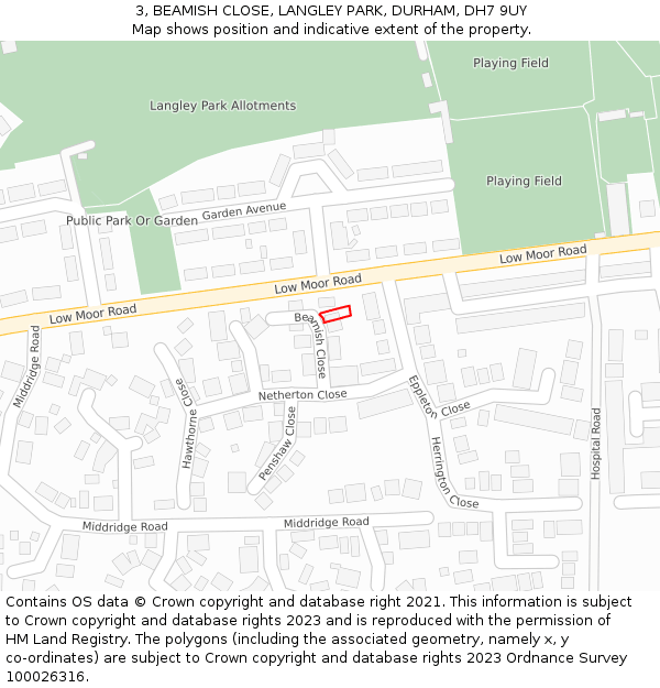 3, BEAMISH CLOSE, LANGLEY PARK, DURHAM, DH7 9UY: Location map and indicative extent of plot