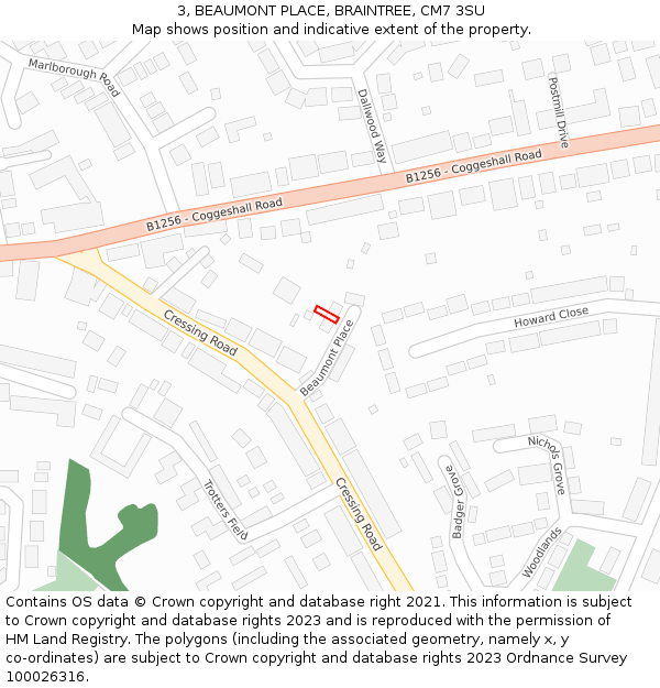3, BEAUMONT PLACE, BRAINTREE, CM7 3SU: Location map and indicative extent of plot