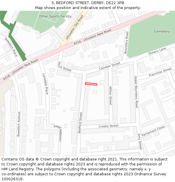 3, BEDFORD STREET, DERBY, DE22 3PB: Location map and indicative extent of plot