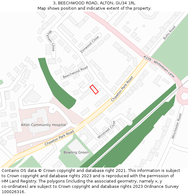 3, BEECHWOOD ROAD, ALTON, GU34 1RL: Location map and indicative extent of plot