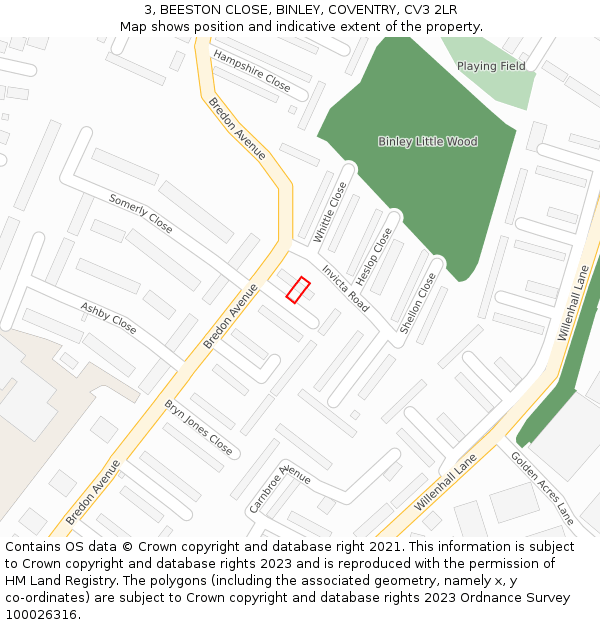 3, BEESTON CLOSE, BINLEY, COVENTRY, CV3 2LR: Location map and indicative extent of plot