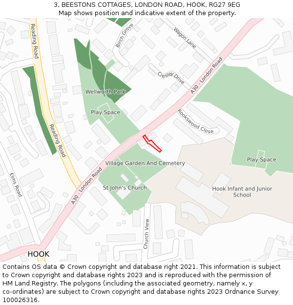 3, BEESTONS COTTAGES, LONDON ROAD, HOOK, RG27 9EG: Location map and indicative extent of plot
