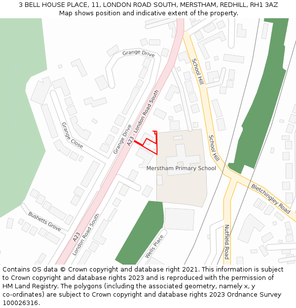 3 BELL HOUSE PLACE, 11, LONDON ROAD SOUTH, MERSTHAM, REDHILL, RH1 3AZ: Location map and indicative extent of plot