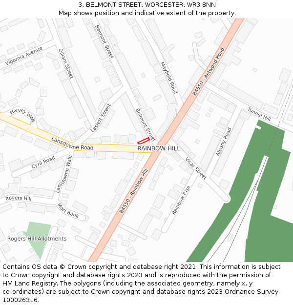 3, BELMONT STREET, WORCESTER, WR3 8NN: Location map and indicative extent of plot