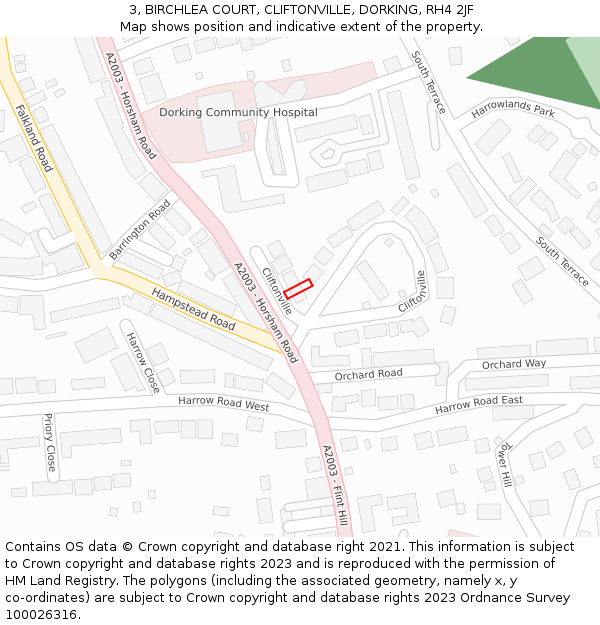 3, BIRCHLEA COURT, CLIFTONVILLE, DORKING, RH4 2JF: Location map and indicative extent of plot