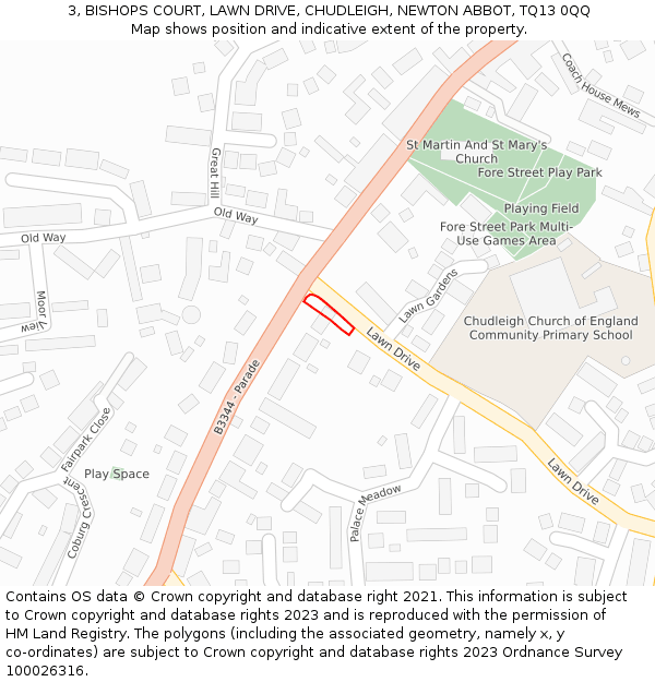 3, BISHOPS COURT, LAWN DRIVE, CHUDLEIGH, NEWTON ABBOT, TQ13 0QQ: Location map and indicative extent of plot