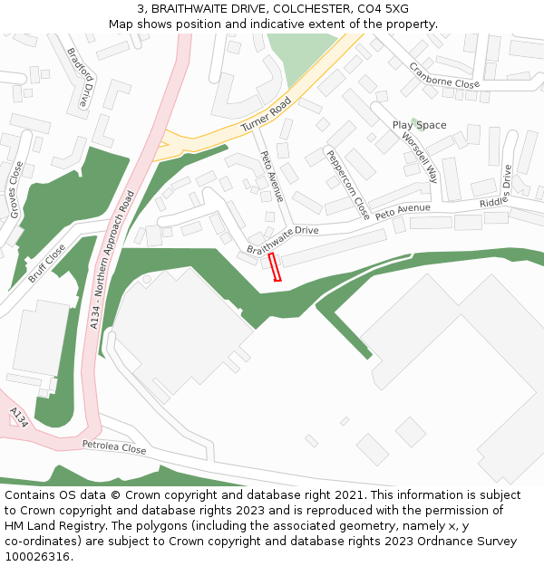 3, BRAITHWAITE DRIVE, COLCHESTER, CO4 5XG: Location map and indicative extent of plot
