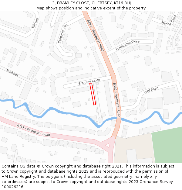 3, BRAMLEY CLOSE, CHERTSEY, KT16 8HJ: Location map and indicative extent of plot