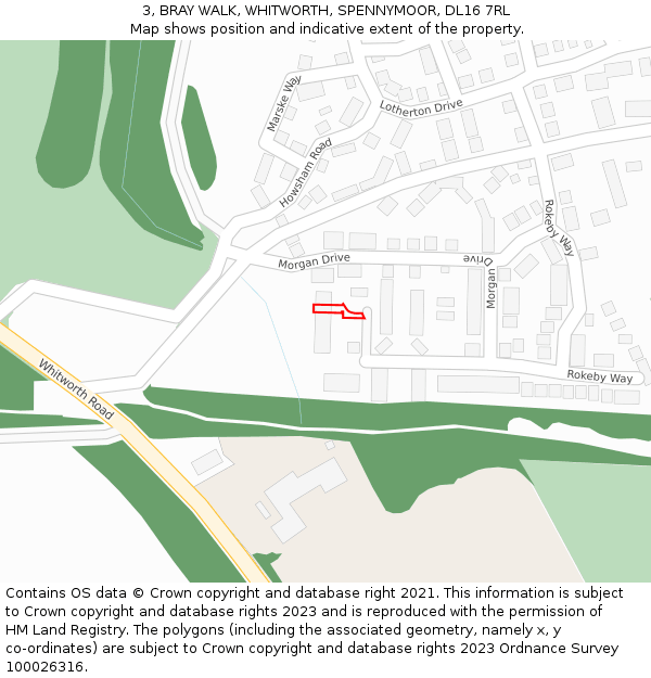 3, BRAY WALK, WHITWORTH, SPENNYMOOR, DL16 7RL: Location map and indicative extent of plot