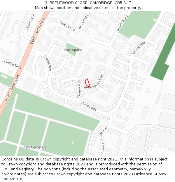 3, BRENTWOOD CLOSE, CAMBRIDGE, CB5 8UE: Location map and indicative extent of plot