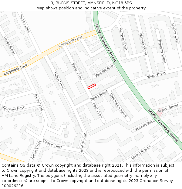 3, BURNS STREET, MANSFIELD, NG18 5PS: Location map and indicative extent of plot