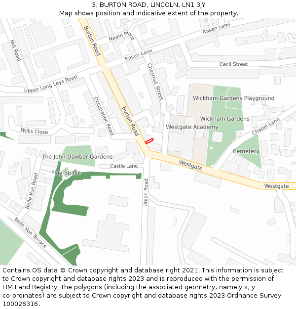 3, BURTON ROAD, LINCOLN, LN1 3JY: Location map and indicative extent of plot