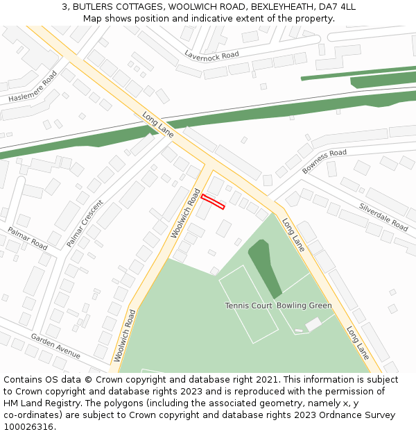 3, BUTLERS COTTAGES, WOOLWICH ROAD, BEXLEYHEATH, DA7 4LL: Location map and indicative extent of plot
