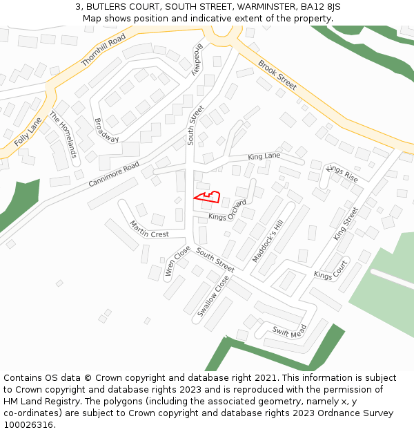 3, BUTLERS COURT, SOUTH STREET, WARMINSTER, BA12 8JS: Location map and indicative extent of plot