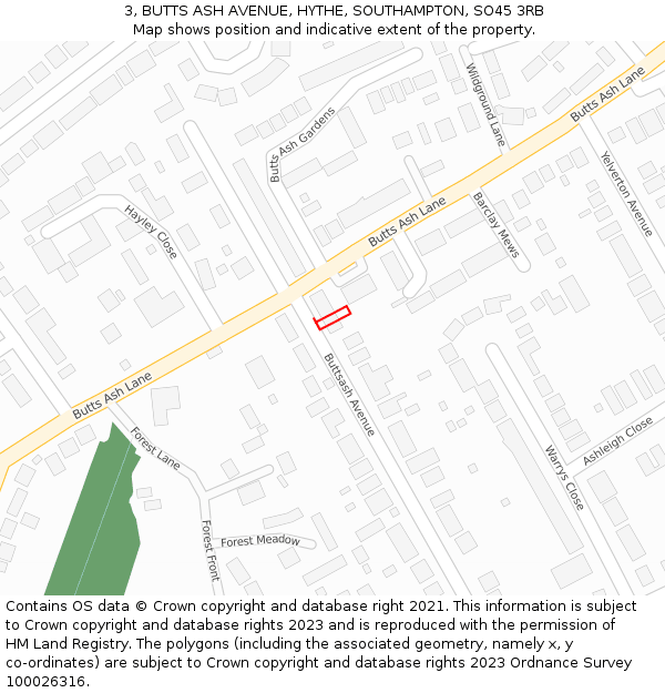 3, BUTTS ASH AVENUE, HYTHE, SOUTHAMPTON, SO45 3RB: Location map and indicative extent of plot