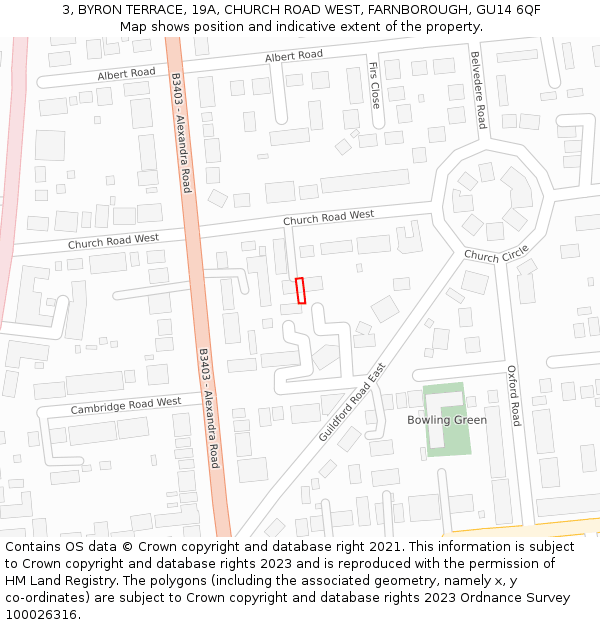 3, BYRON TERRACE, 19A, CHURCH ROAD WEST, FARNBOROUGH, GU14 6QF: Location map and indicative extent of plot