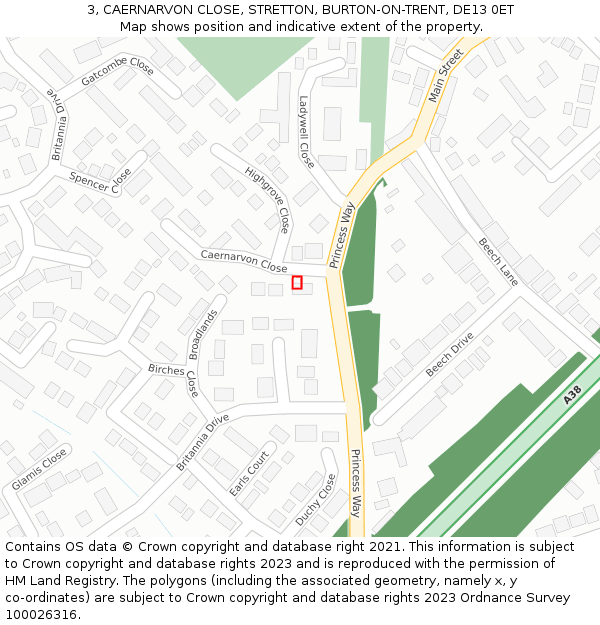 3, CAERNARVON CLOSE, STRETTON, BURTON-ON-TRENT, DE13 0ET: Location map and indicative extent of plot