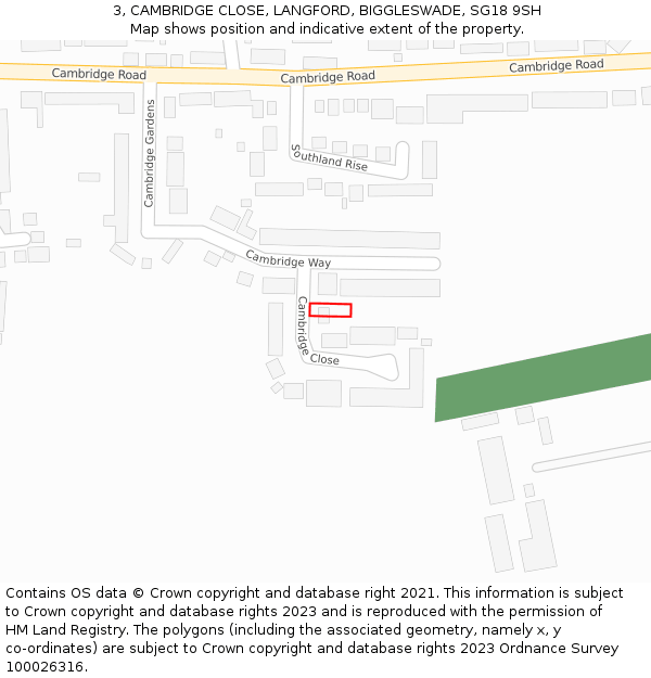3, CAMBRIDGE CLOSE, LANGFORD, BIGGLESWADE, SG18 9SH: Location map and indicative extent of plot