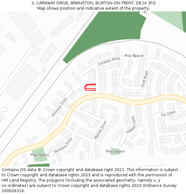 3, CARAWAY DRIVE, BRANSTON, BURTON-ON-TRENT, DE14 3FQ: Location map and indicative extent of plot
