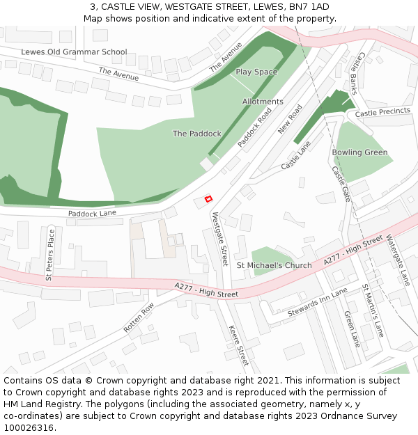 3, CASTLE VIEW, WESTGATE STREET, LEWES, BN7 1AD: Location map and indicative extent of plot