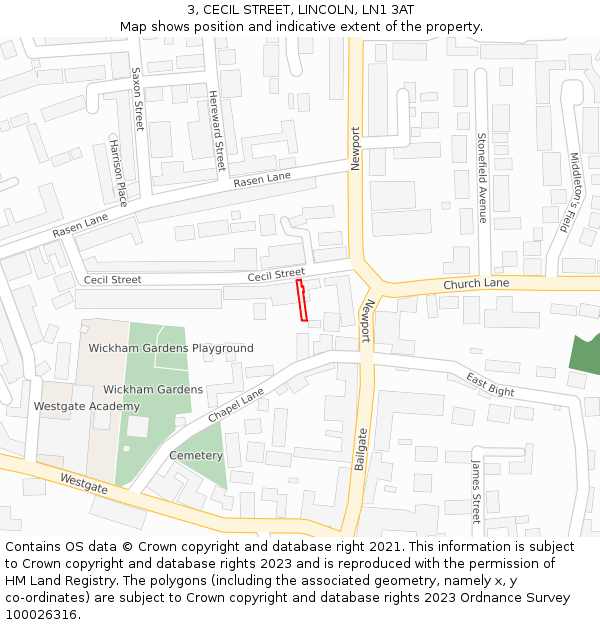 3, CECIL STREET, LINCOLN, LN1 3AT: Location map and indicative extent of plot