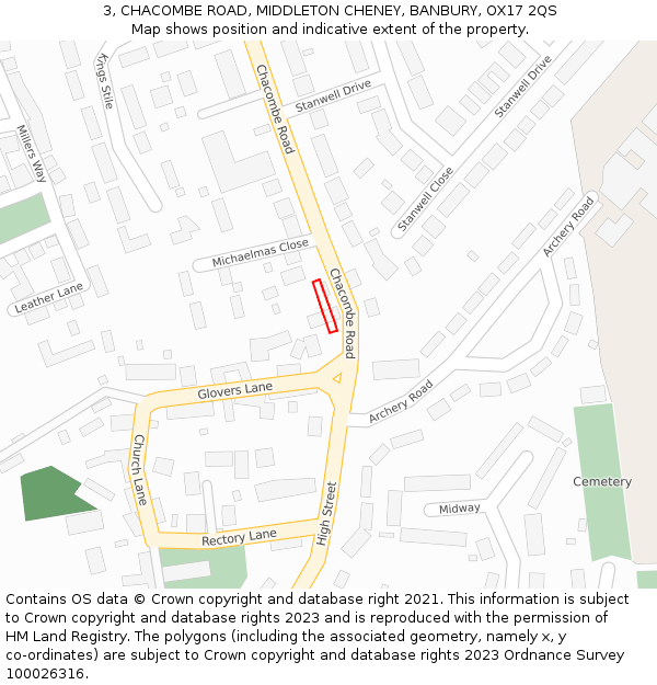 3, CHACOMBE ROAD, MIDDLETON CHENEY, BANBURY, OX17 2QS: Location map and indicative extent of plot