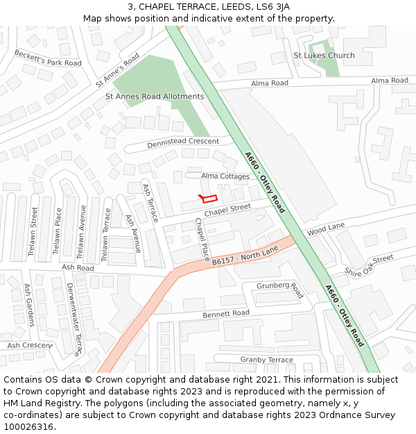 3, CHAPEL TERRACE, LEEDS, LS6 3JA: Location map and indicative extent of plot